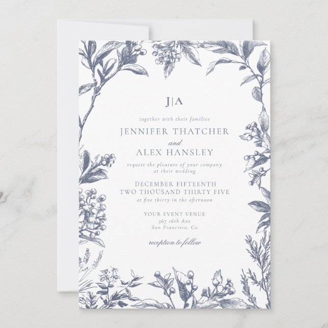 Invitación de bodas botánicas vintage (Anverso)