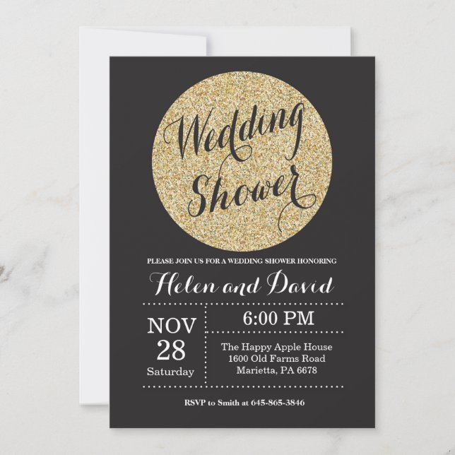 Invitación de bodas con brillo negro y dorado (Anverso)