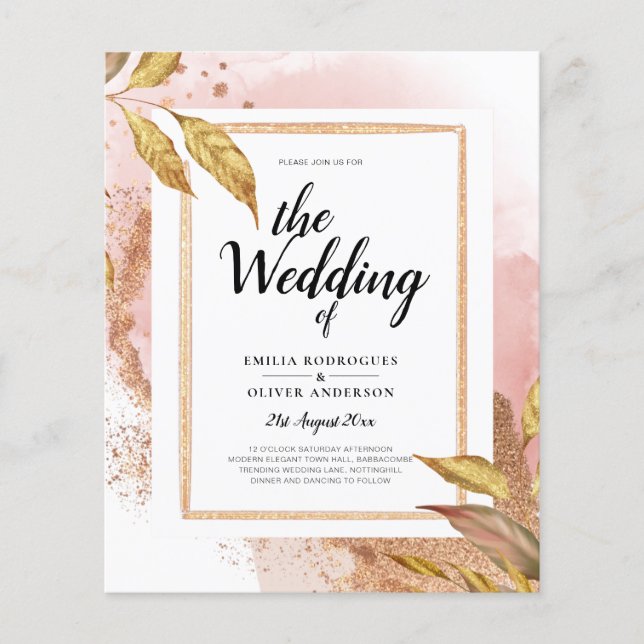 INVITACIÓN DE BODAS CON HOJAS DE ORO ROSA PRESUPUE (Frente)