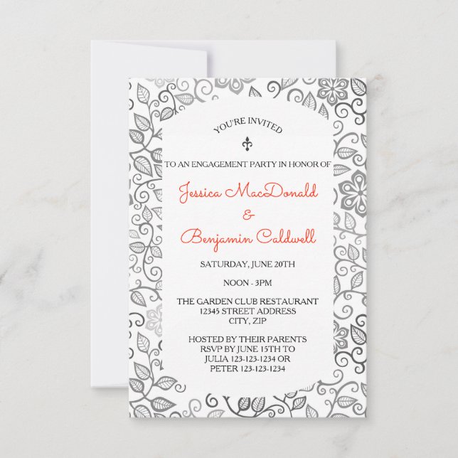 Invitación de bodas con patrón floral B&W -3x5 (Anverso)