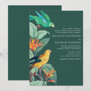Invitación de bodas de aves tropicales de color ve