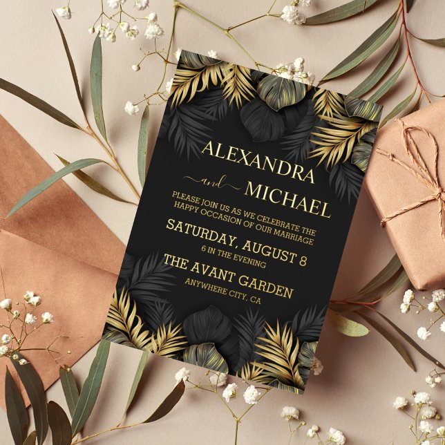 Invitación de bodas de destino tropical de oro y n (Subido por el creador)