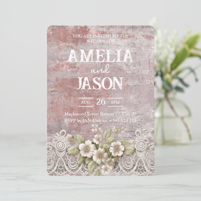 Invitación de bodas de encaje de pintura rosada Sh (Anverso de pie)