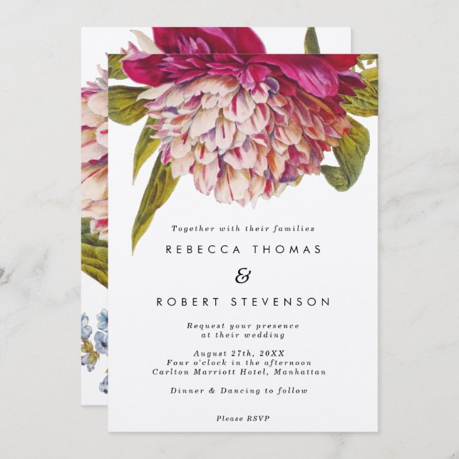 invitación de bodas de kraft floral rosa (Anverso / Reverso)