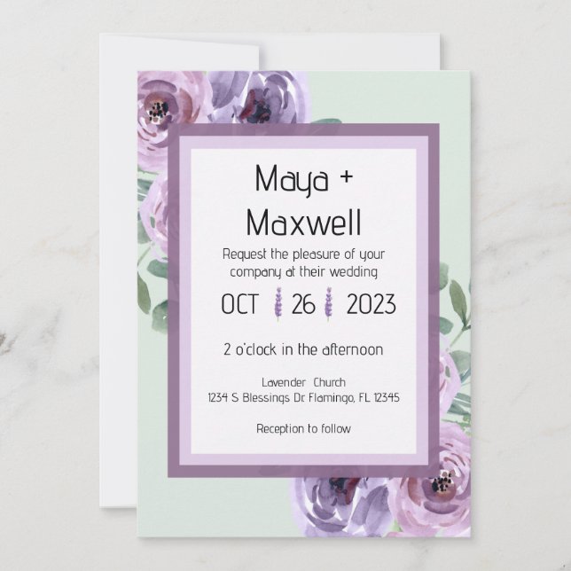 Invitación de bodas de lavanda y de menta verde 5x (Anverso)