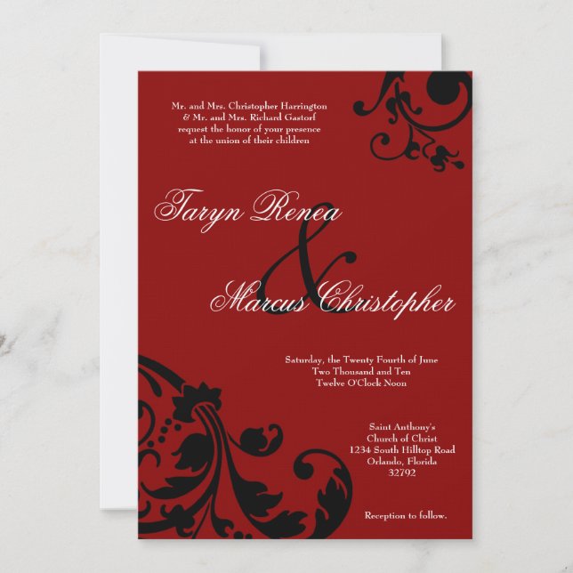 Invitación de bodas de lino floral rojo Crimson 5x (Anverso)
