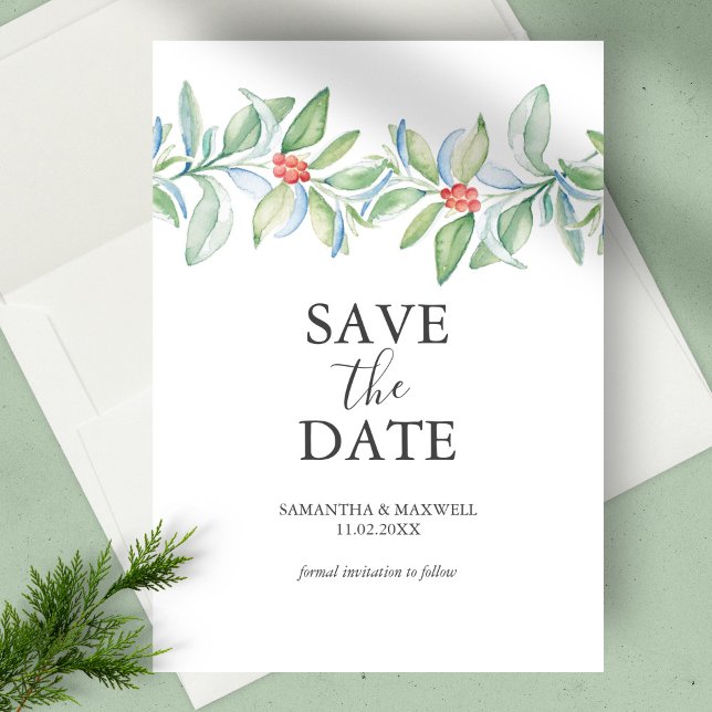 Invitación de bodas de Navidad para guardar la fec (Christmas wedding save the date botanical berries & leaves watercolor art by Victoria Grigaliunas)