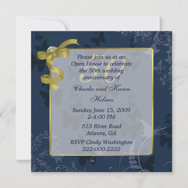 Invitación de Bodas de Oro Azul y Dorado 50 Aniver (Anverso)
