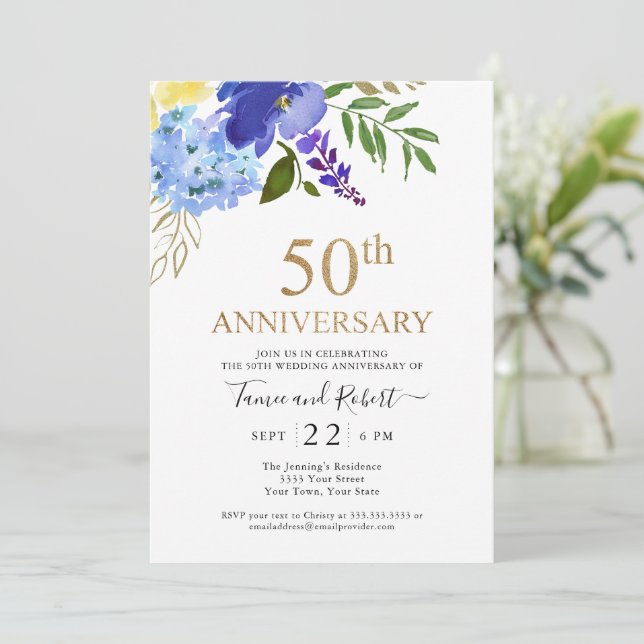 Invitación de Bodas de Oro de 50 años Azul Purpura (Anverso de pie)