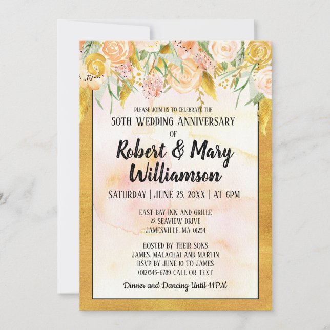 Invitación de Bodas de Oro Floral Dorado (Anverso)