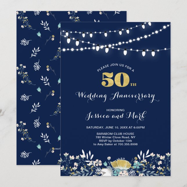 Invitación de Bodas de Oro Navy & Gold (Anverso / Reverso)