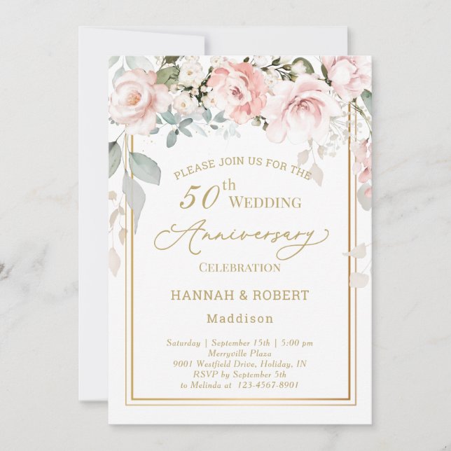 Invitación de Bodas de Oro Rosas Blancas y Rosadas (Anverso)