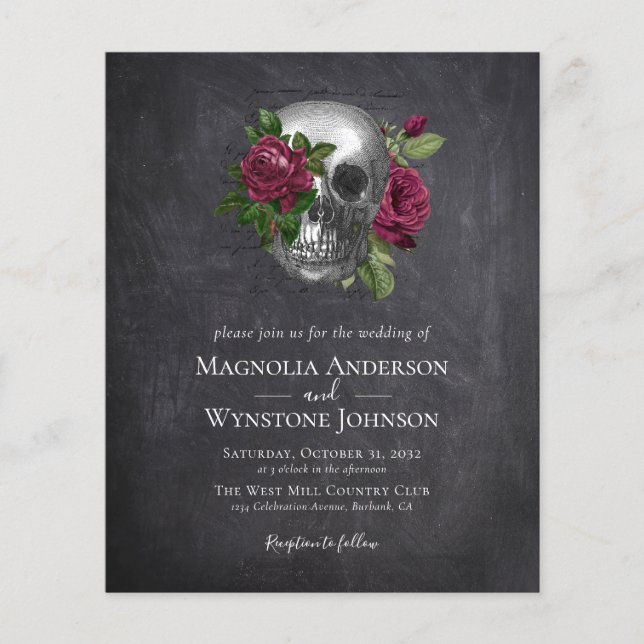 INVITACIÓN DE BODAS DE PAPEL | Rosas de cráneo gót (Frente)