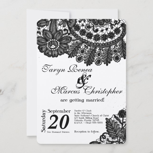 Invitación de bodas de perlas negras de encaje 5x7 (Anverso)