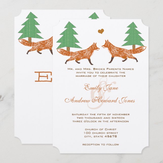 Invitación de bodas de pino de Fox de bosque vinta (Anverso / Reverso)