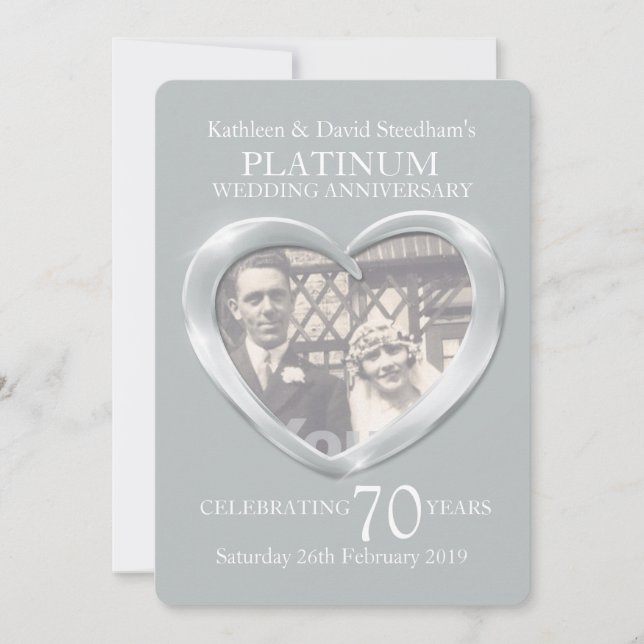 Invitación de bodas de platino con corazón para 70 (Anverso)