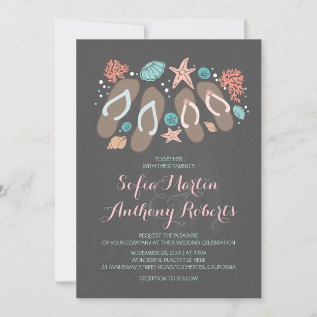 invitación de bodas de playa moderna con chanclas (Anverso)