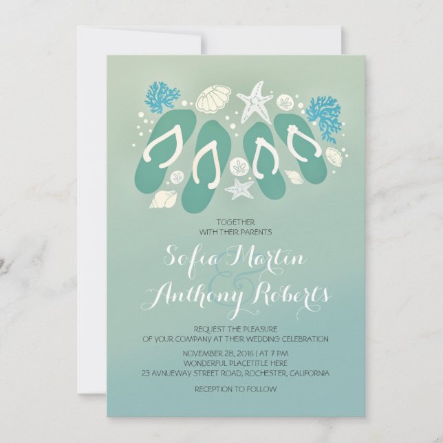 invitación de bodas de playa moderna con chanclas (Anverso)