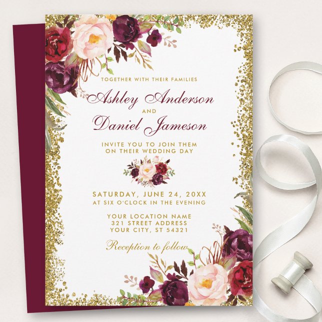 Invitación de bodas de Purpurina de oro floral de  (Customize to change text color, style, add text & photos to back or change color of back of card.)