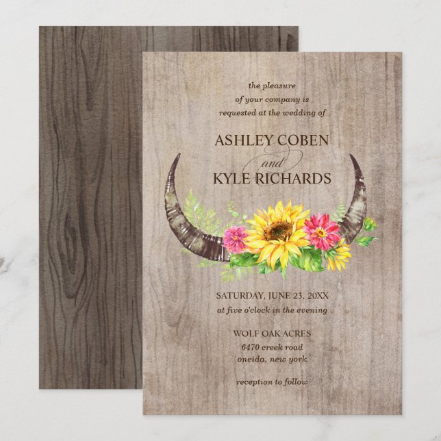 Invitación de bodas de toros y flores rusticas (Anverso / Reverso)