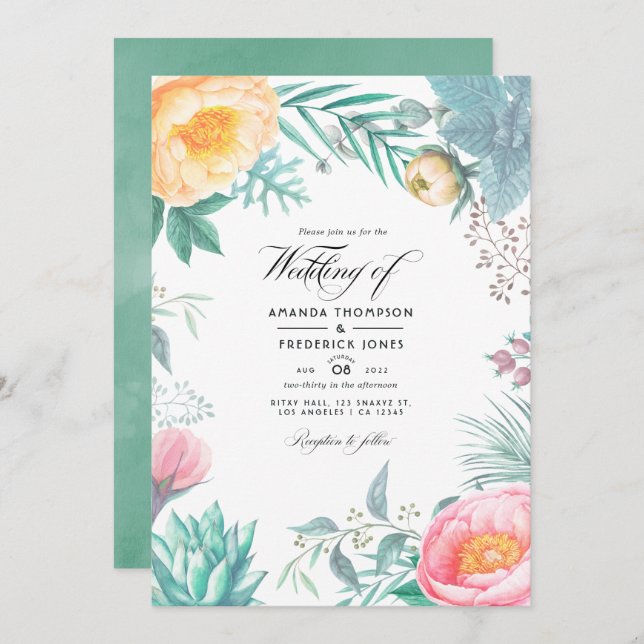 Invitación de bodas de verano con flores en la Cas (Anverso / Reverso)