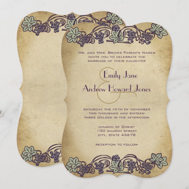 Invitación de bodas de viñedo morado Art Nouveau v (Anverso / Reverso)