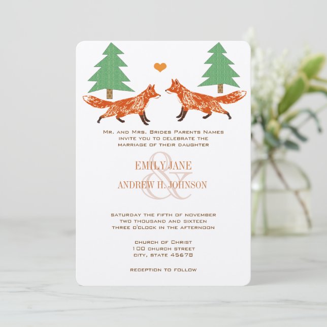 Invitación de bodas de zorros vintage (Anverso de pie)