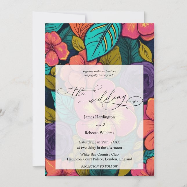 Invitación de bodas diseño de Neon Florals (Anverso)