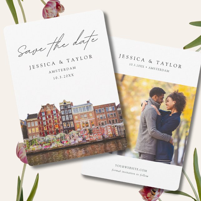 Invitación de bodas en el mercado de flores de Ams (Amsterdam Save the Date )