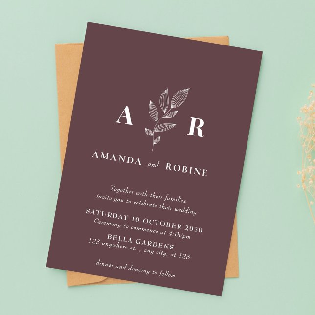 Invitación de bodas en monograma de hoja mínima mo (Subido por el creador)