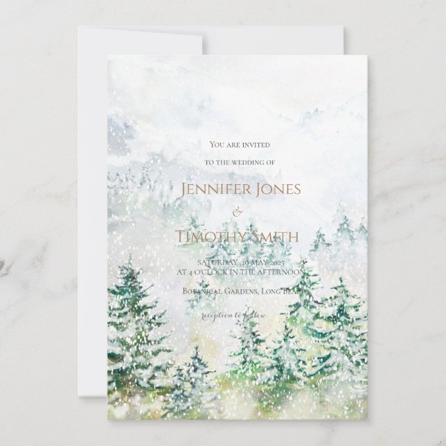 Invitación de bodas en un bosque de pinos de invie (Anverso)