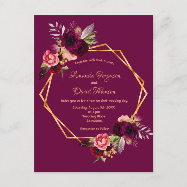 Invitación de bodas florales borgoñas geométricas (Anverso)