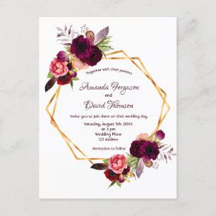 Invitación de bodas florales borgoñosos boho geomé