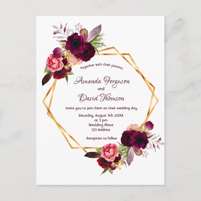 Invitación de bodas florales borgoñosos boho geomé (Anverso)