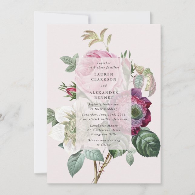 Invitación de bodas florales de color rosa botánic (Anverso)