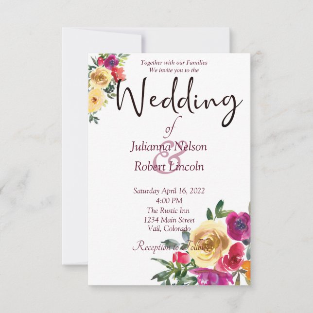 Invitación de bodas florales de limón acuarela y m (Anverso)