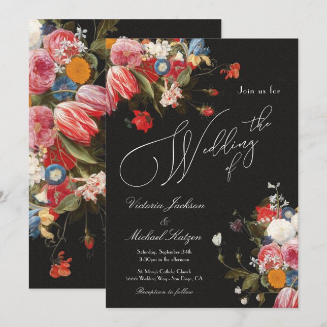 Invitación de Bodas florales oscuros y morenos fre (Anverso / Reverso)