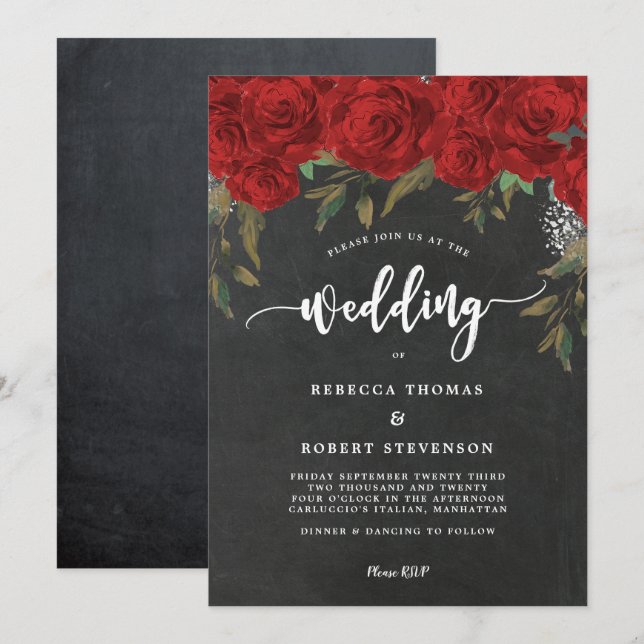 invitación de bodas florales y rojas de boho moder (Anverso / Reverso)