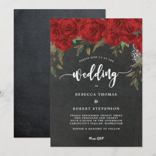 invitación de bodas florales y rojas de boho moder