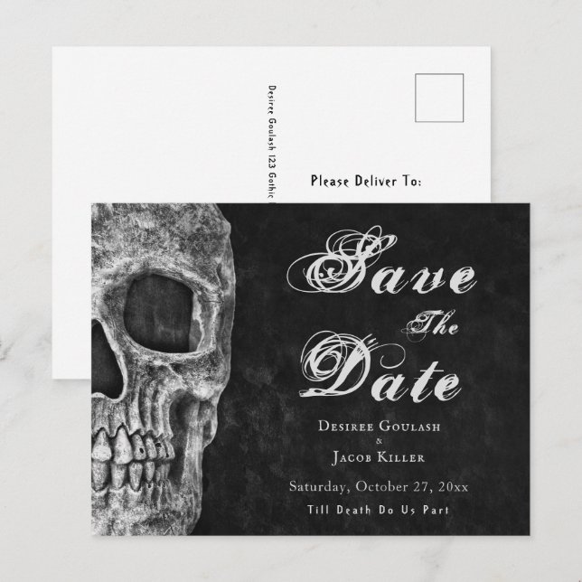 Invitación de bodas gótica con media calavera para (Anverso / Reverso)