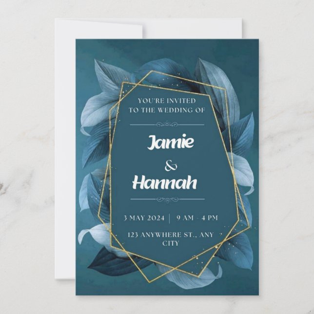 Invitación de bodas hojas florales azules (Anverso)