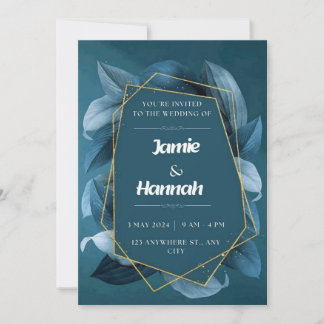 Invitación de bodas hojas florales azules