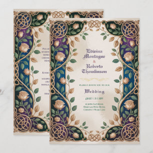 Invitación de bodas medieval celta con joya dorada