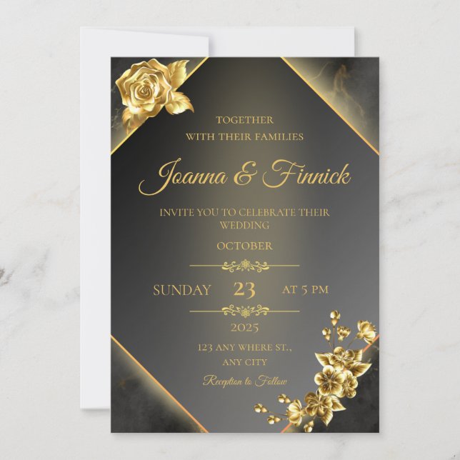 invitación de bodas moderna con un negro y un go (Anverso)
