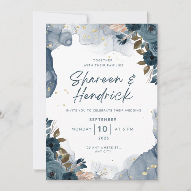 Invitación de bodas Navy Floral de tinta de alcoho (Anverso)
