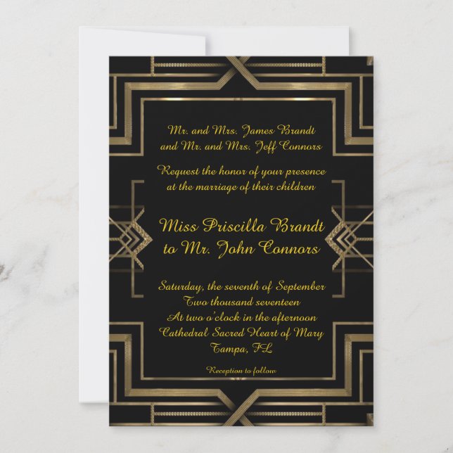 Invitación de bodas negro y oro,gran Gatsby,guión (Anverso)