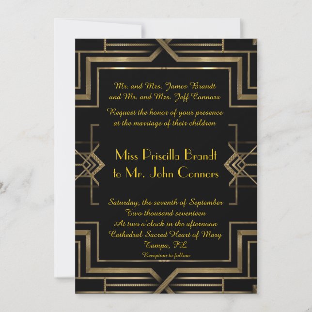 Invitación de bodas negro y oro,gran Gatsby,guión (Anverso)