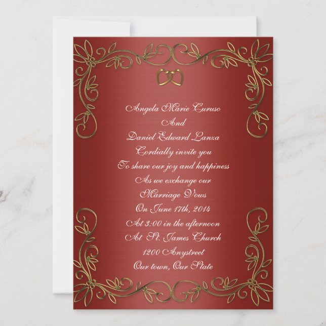 Invitación de bodas rojo y oro (Anverso)