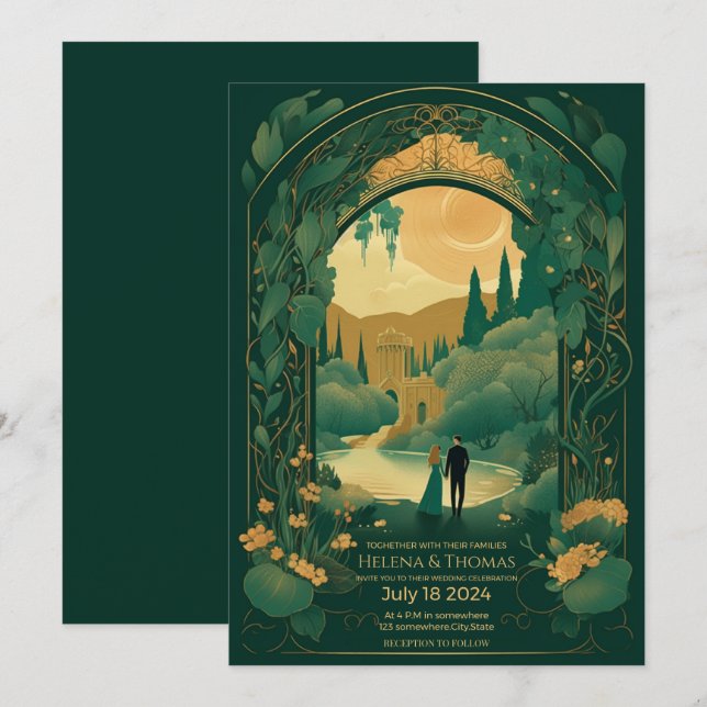 Invitación de bodas Romántico Esmeralda Verde y Or (Anverso / Reverso)