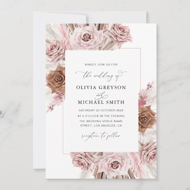 invitación de bodas rosa polvorienta pampas (Anverso)